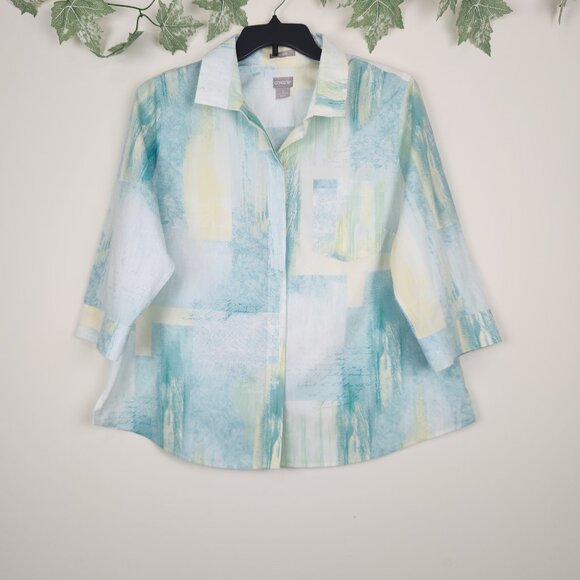 Chico's Size 3 (US 16/18) 3/4 Sleeve Green Yellow Cotton 3/4 Sleeve Top Blouse - Picture 1 of 8